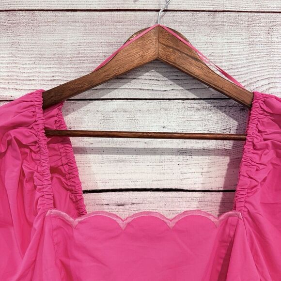 English Factory Scallop Tiered Pink Dress Size Medium Puff Sleeve Open Back Midi - Picture 12 of 12